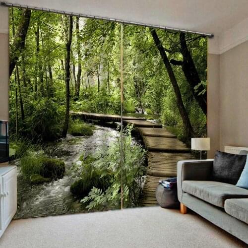 Wood birdge curtains Photo 3D Curtains for Living Room Window green landscape curtains