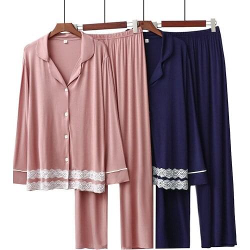 Fdfklak Modal High Stretch Lace Pajamas Womens Spring And Autumn Comfortable Long Sleeve Trousers Home Service Suit