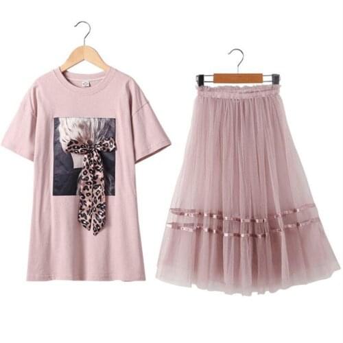 Summer Girls Clothes Children Clothing Sets Print Bowknot Long T-shirt+Mesh Skirt 2pcs Princess Outfits For 3-14Yrs Kids Sets