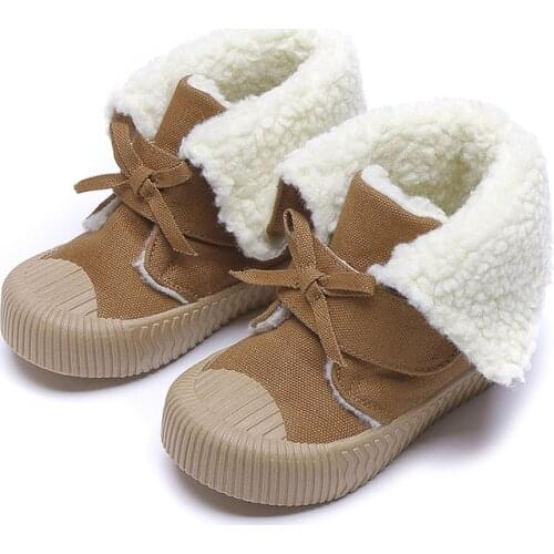 CUZULLAA Baby Kids Girls Winter Lamb Wool Lining Fashion Sneakers Shoes Children Turned-over Canvas High Shoes Size 21-32