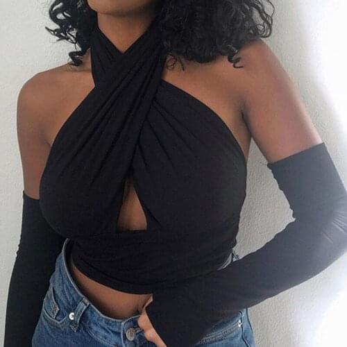 DSMTRC Fashion Black Blue Woman Tshirts with Gloves Spring 2021Sexy Halter Backless Crop Tops Female Streetwear Cut-out Cropped