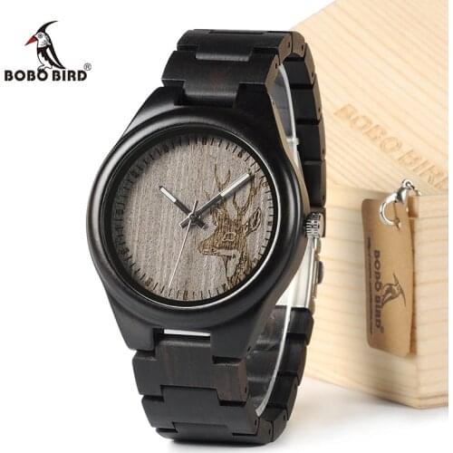 BOBO BIRD I26 Mens Unique Ebony Wooden Watches Deer Head Dial Casual Quartz Wrist Watches With Wood Links In Gift Watch Box