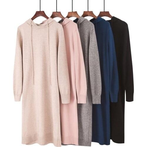 Autumn Winter Warm Sweater Dress Knitwear Women Long Sleeve Hooded Knitted Casual Solid Color Long Loose Korean Vestidos AA5082