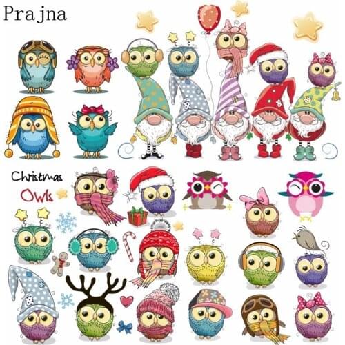 Prajna Merry Christmas Santa Claus Patches Iron On Transfers Festival Owl Heat Thermal Transfer For Kids Cloth Decor Accessory E