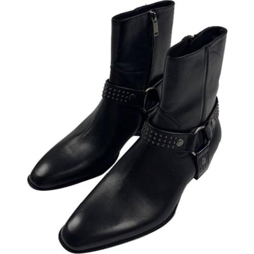 Factory sale Handmade 4cm Heel Rivets Nails Genuine Leather Ring Strap wedge knight Boots