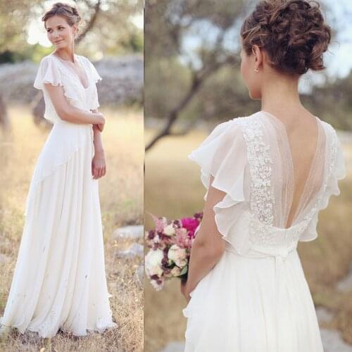 Chiffon V-Neck Wedding Dress Beading Appliqued Backless Plus Size Polka Dots Ruffled Boho A Line Custom Made Floral Bridal Gown