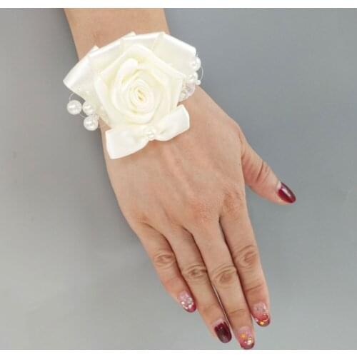 6pcs/lot Ivory White Wedding Pearl Wrist Flower Simulation Rose Ribbon Satin Wrist Decoration Hand Ornament SW8715