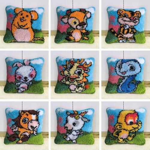 Pulaqi Embroidery Chinese Zodiac Latch Hook Rug Kits Latch Hook Pillow Set Cushion Latch Hook Pillow Foamiran for Needlework Mat