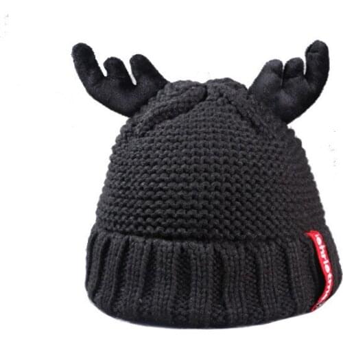 Adult Antler Keep Warm Winter Fur Ball Knitted Cotton Hemming Hat Women Winter Beanie For Women Christmas Cap