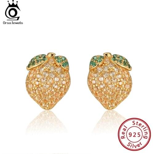 ORSA JEWELS Original 925 Sterling Silver Elegant Stud Earrings Lovely Lemon Design Yellow CZ Special Gift Women Earrings EQE17
