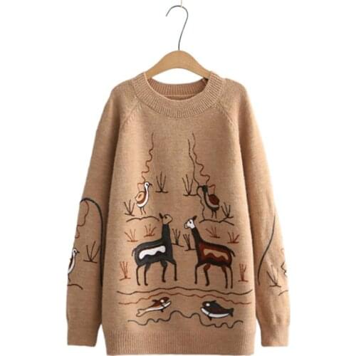 Women Sweater Harajuku Cartoon Animal Embroidery Vintage O Neck Long Sleeve Knitted Pullovers 2020 Winter Chic Casual Tops