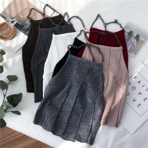 Knit Camis Women Slim Knitting Halter Neck Camisole Tops Female Chain Straps Crop Tanks Tops Sleeveless Solid T shirts Tees