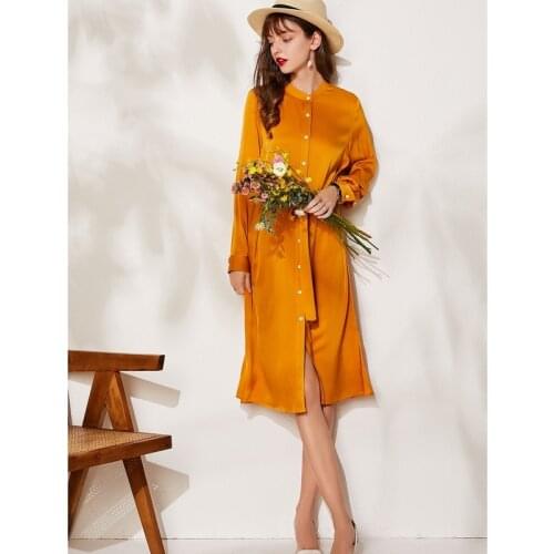 Natural Silk Satin Long Sleeve Dress 95% Mulberry Silk Women Stand Collar Sashes Shirt Dresses M L XL FREE SHIPPING