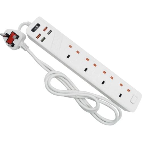 Power Strip 4AC 4 USB Charger Ports Home Office 2M Power Extension Cord Switch UK PLUG SOCKET