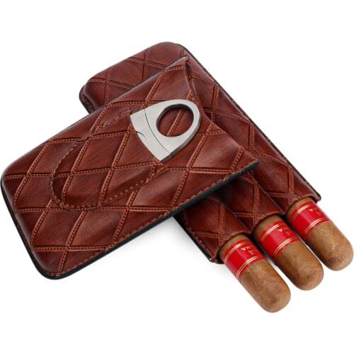 Xifei Leather 3 Slots Cigar Case Set Portable Humidor Box W/ Stainless Steel Cutter Travel Smoking Cigarette Storage Accessories