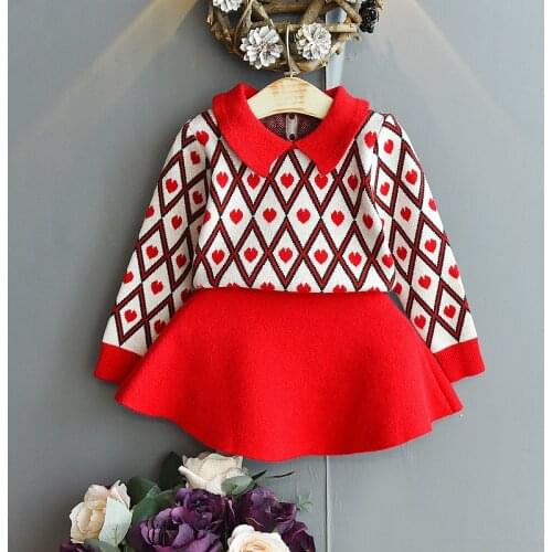 Childrens Clothing Girls Knitted Sweater Set 2020 Autumn And Winter Childrens Love Pullover Bottoming Shirt+Knitted Skirt Suit