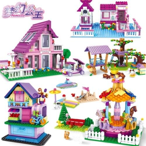 City Architecture House Garden Villa Castle Carousel Building Blocks Sets Friends Princess Figures Bricks Toys For Girls