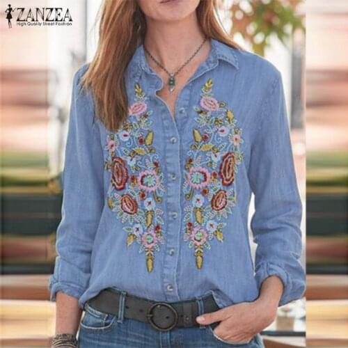 Fashion Floral Shirts Womens Embroidery Blouse 2021 ZANZEA Casual Button Down Blusas Female Long Sleeve Tunic Plus Size Tops
