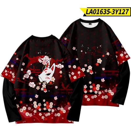 Harajuku 2021 Mens Fake Two Pieces Black Floral Fox Print Tshirt Sweatshirts Male Spring Autumn Hip Hop Clothing