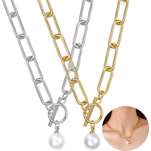 Modyle 2021 New Fashion Bohemian Women Gold Silver Color Stainless Steel Thick Chain Geometric Buckle Simulated Pearl Necklace
