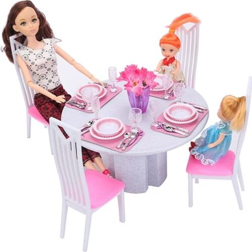 New for barbie furniture mini dining table chair play set doll house 1/6 bjd bonecas home accessories toy living room Girl gift
