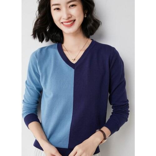 2021 Spring and Autumn New Retro Color Matching V-neck Long-Sleeved Womens Thin Wool Loose Blouse Sweater Jacket 60119