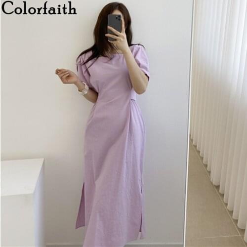 Colorfaith New 2021 Womens Summer Dresses Causal Elegant Vintage Lace Up Bow Knitted Split Lady Wild Long Blue Dress DR8918