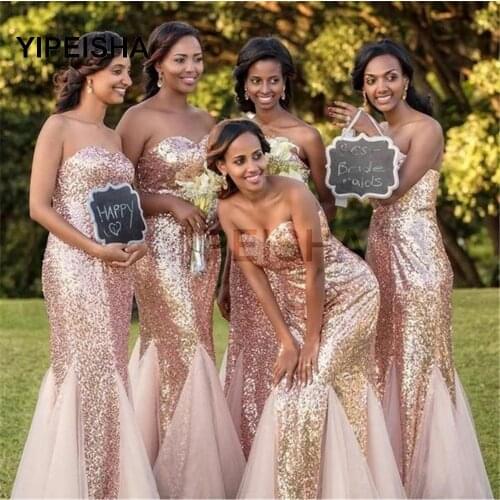 Mermaid Sequin Rose Gold Sweetheart Long Bridesmaid Dresses For Women Party Wedding Gowns robe de soirée de mariage