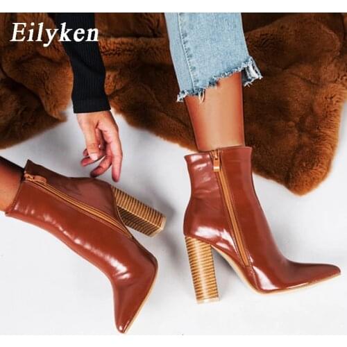 Eilyken Women PU Leather Boots Winter Pointed Toe High Heel Boots Zipper Fashion Motorcycle Boots Brown size 41 42