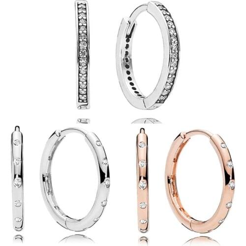 Original Rose Signature Hoop Droplets With Crystal Earring 925 Sterling Silver Earrings For Women Gift Pandora Jewelry