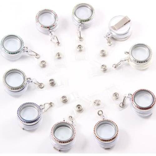Droshipping 30mm Rainbow Rhinestones Stainless Steel Screw Floating Locket With Charm and Retractable ID Badge Holders