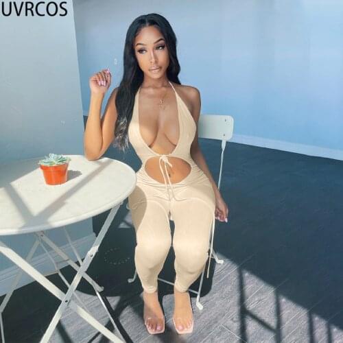 UVRCOS 2021 Sleeveless Low-Cut V-Neck Navel Dress Backless Jumpsuit Summer Womens Stylish Streetwear Outfits Romper Y2K Clothing