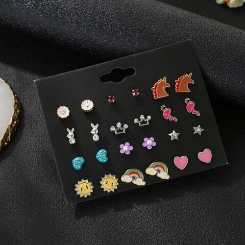 Trendy kids jewelry mixed enamel small flower heart stud earring set for women girl new pearl rhinestone bridal party earrings