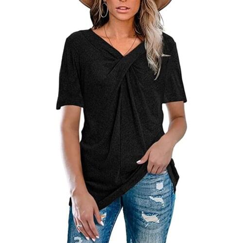 Women Summer Short Sleeves T-shirts V Neck Solid Color Pullover Breathable Casual Tops TT@88