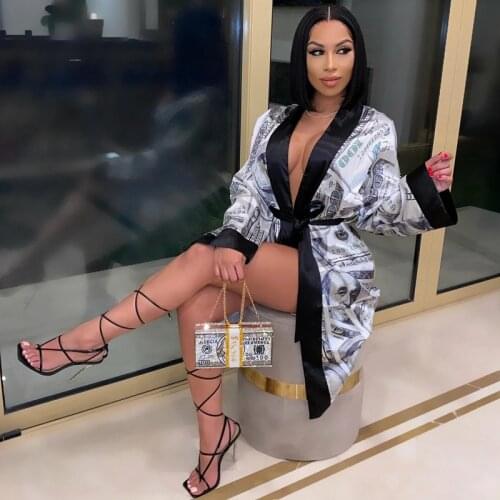 Hirigin Autumn New Style Print Bandage Robe for Women Long Sleeve Money Pattern Pajamas Sexy Lounge Wear Homewear Sleepwear