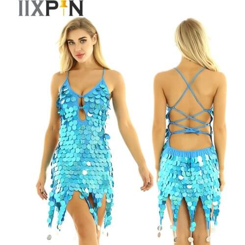 Sequins jazz dance costume women Latin Dress Shiny Glitter Haltered V-Neck Backless Dress Latin rumba Salsa Tango Cha Cha dress
