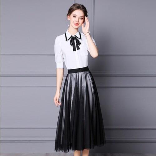 2021 New Woman Summer Bow Tie Shirt Dress Suit Female White Black Turn-Down Collar A-Line Long Skirt Short Sleeve Gentle Skirts
