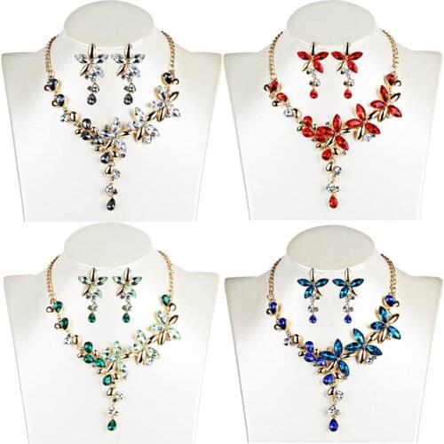 Womens Short Collar Necklaces Jewelry Color Crystal Five Leaves Flowers Rhinestone Statement Gothic Necklace Earring Jewelry Set