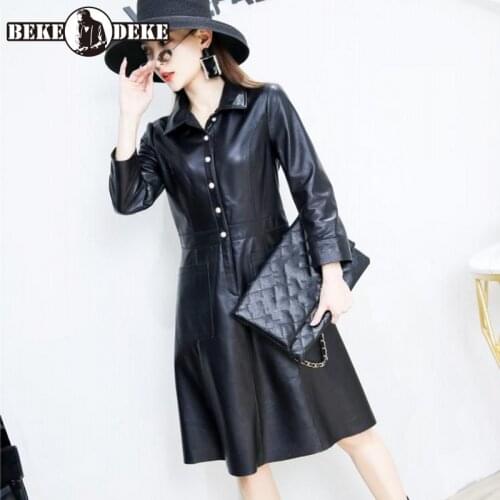 Korean Style Womens New Genuine Leather Slim Dress Office Lady Turn-Down Collar Button Pockets Sheepskin Fashion Elegant Dress
