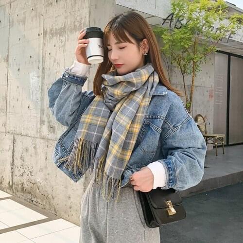 Winter 2021 Check Scarf New Korean Version Imitation Cashmere Tassel Shawls Cold Warm Scarf