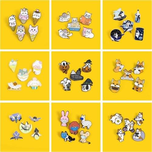 4~5pcst Cartoon animal Enamel Pin Set Cat rabbit alpaca, pumpkin skull Brooch Badge Creative Gifts for children Lapel Pins Gifts