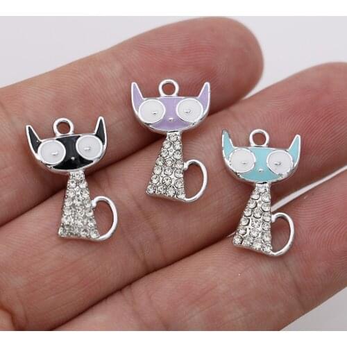 5Pcs Enamel Silver Plated Purple Crystal Cat Charm Pendant for Jewelry Making Bracelet Necklace Accessories DIY Findings