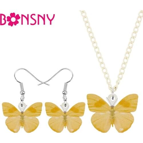Bonsny Acrylic Yellow Butterfly Jewelry Sets Cute Animal Insect Necklace Earrings For Women Ladies Kids Gift Charms Accessories