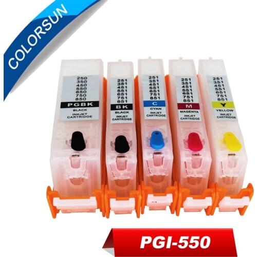 Colorsun 5pcs PGI-550 CLI-551 PGI550 Refillable Ink Cartridges for Canon PIXMA IP7250 IX6850 MG5450 MG5650 MX925 with ARC chips