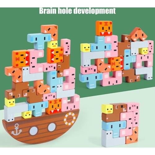 Children Montessori Wooden Animal Balance Blocks Board Games Toy Dinosaur Educational Stacking High Building Block Wood Toy Boys