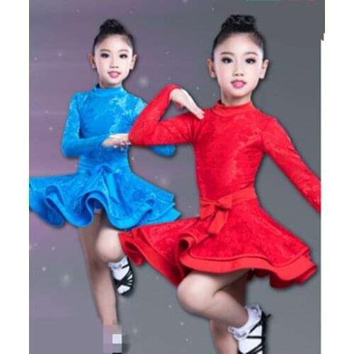 Kid Girls Latin Dance Dress Costumes Child Long Sleeve Ballroom Dance Costume Lace Latin Dance Dress For Girls
