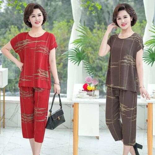 Imitation Silk Middle-aged Women 2 Piece Set Summer Short Sleeve Tops + Pants Plus Size Two-piece Female Womens Clothing Y906