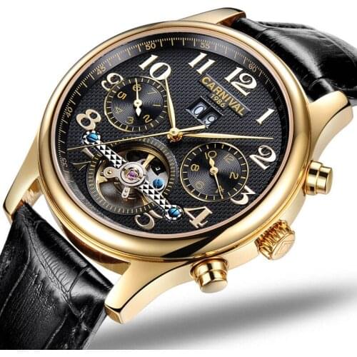 CARNIVAL Luxury Business Automatic watch High end Tourbillon Mechanical watch with Month,Week,Calendar display Skeleton watch