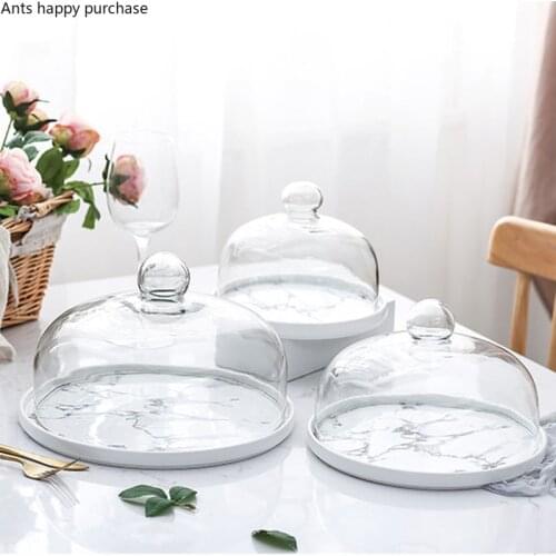 Ceramics Round Cake Pan Glass Cover Dessert Snack Tray Fruit Dessert Display Tray Photo Props Try Eating Cake Stand with Lid