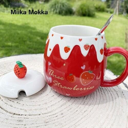 Cartoon Cute Strawberry Ceramic Cup 400ml Japanese Style Creative Mug Ins Water Cup with Lid Spoon Couple Cup Cute Pink Red
